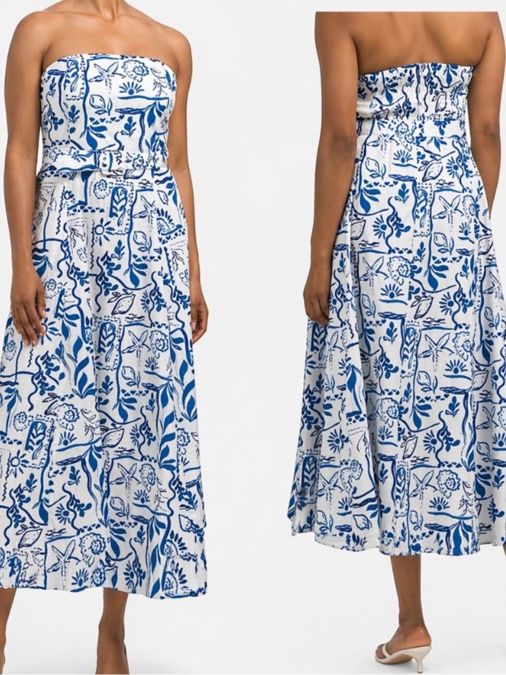 Rachel Zoe Strapless Blue and White Printed Midi Dress Sz 8 NWOT/0326